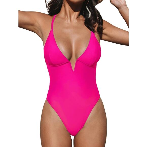 CUPSHE Women Swimsuit One Piece Bathing Suit Deep V Neck Crisscross Back XL - Picture 1 of 7